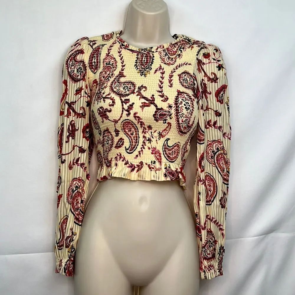 Wilfred Pale yellow and pink paisley smocked blouse size XXS EUC